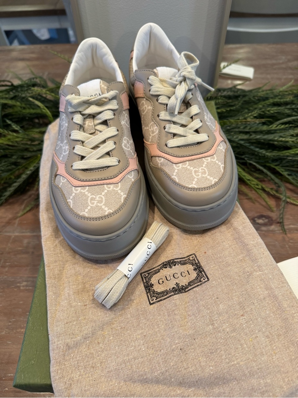 Gucci Beige, Pink & Cream GG Logo Platform Sneakers